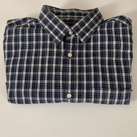 Banana Republic Men’s XL Blue,Grey & White Checked Long Sleeve 100% Cotton Shirt - Picture 15 of 16